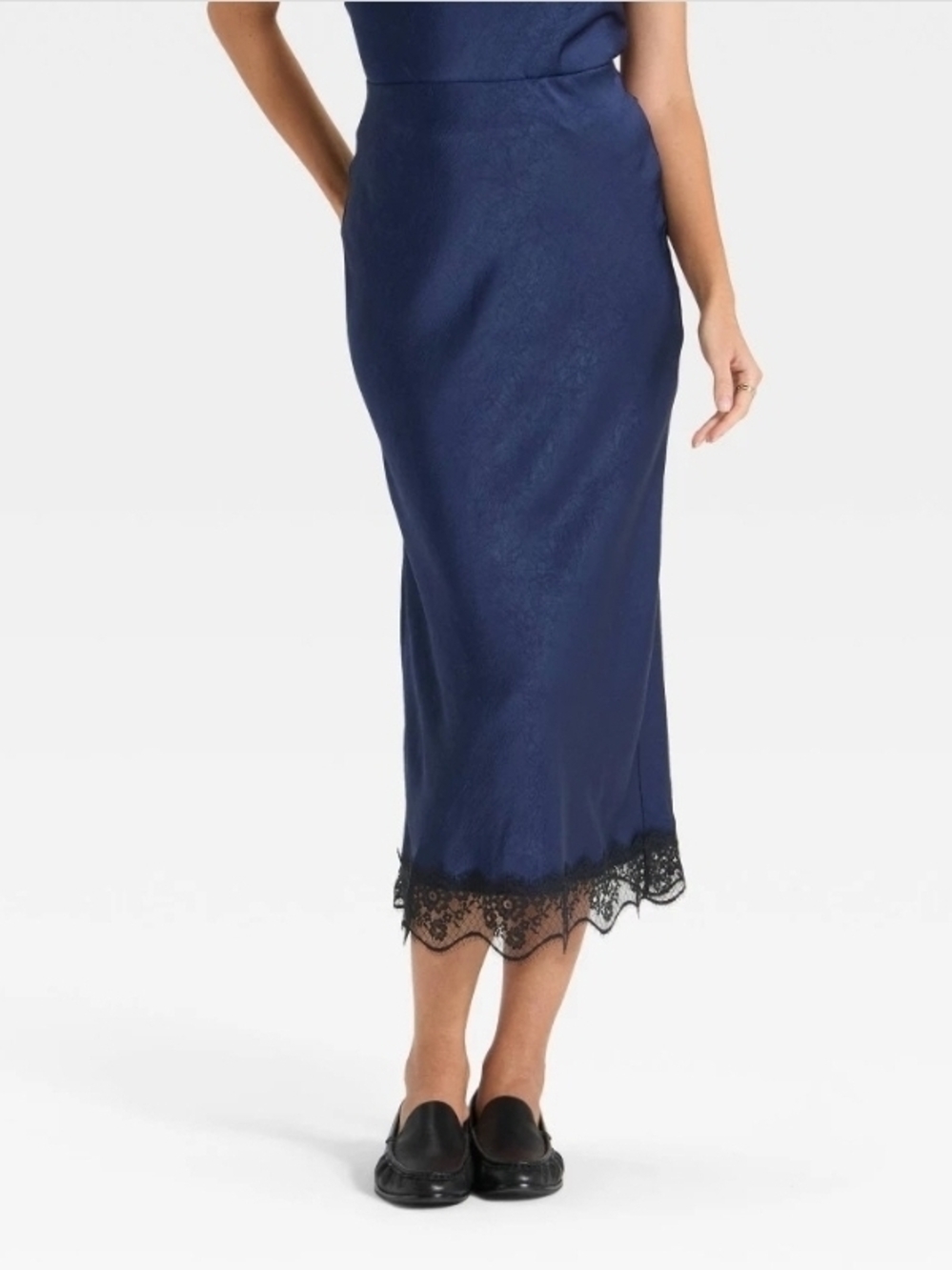 A New Day Women's Lace Trim Satin Midi Skirt Navy Blue Size M NWT